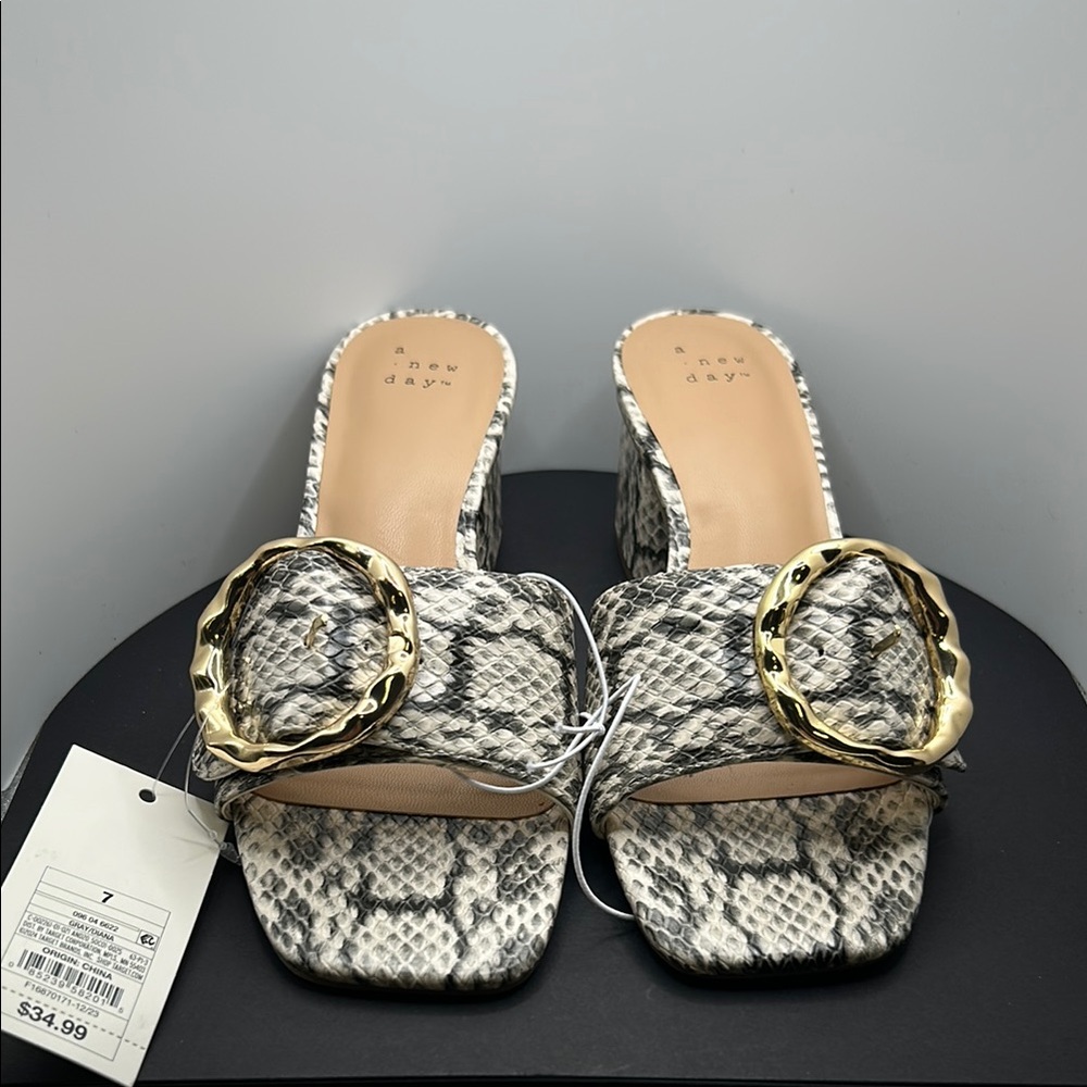 A New Day Black and Cream Mules with Snakeskin Pattern